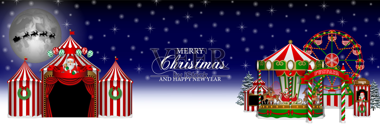 有游乐场和马戏团的圣诞快乐横幅插画图片素材
