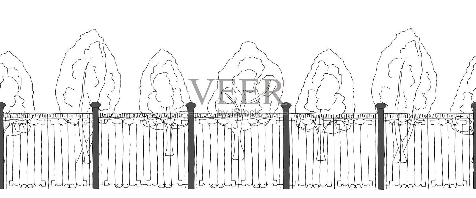 黑色轮廓手绘矢量插图一组枫树和隔离在白色背景上的金属栅栏。无缝模式插画图片素材