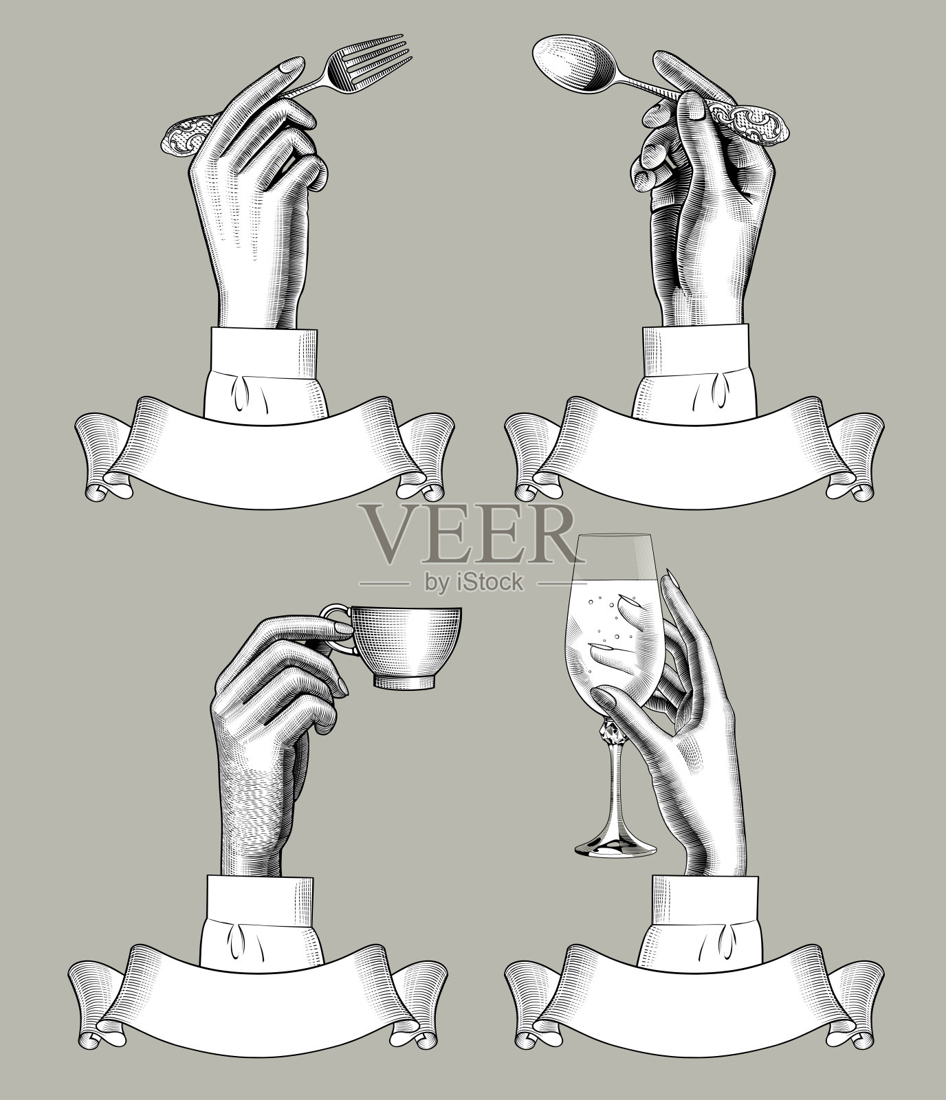 手握勺子，叉子，咖啡杯和藤蔓玻璃在复古的丝带横幅插画图片素材