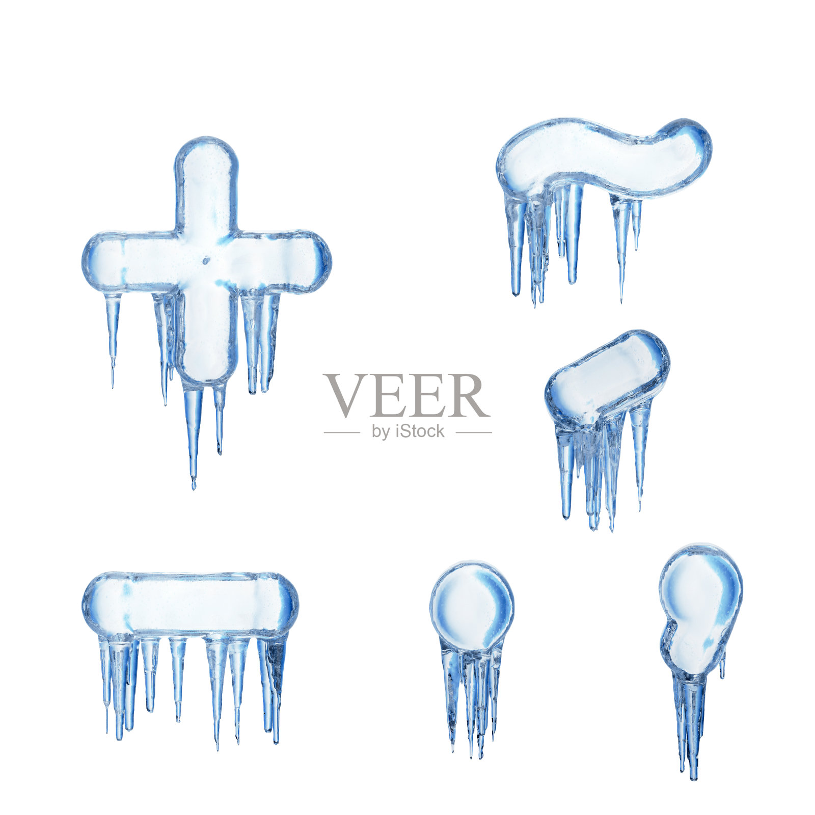 由白色背景上孤立的蓝色融化的冰组成的字母符号。照片摄影图片