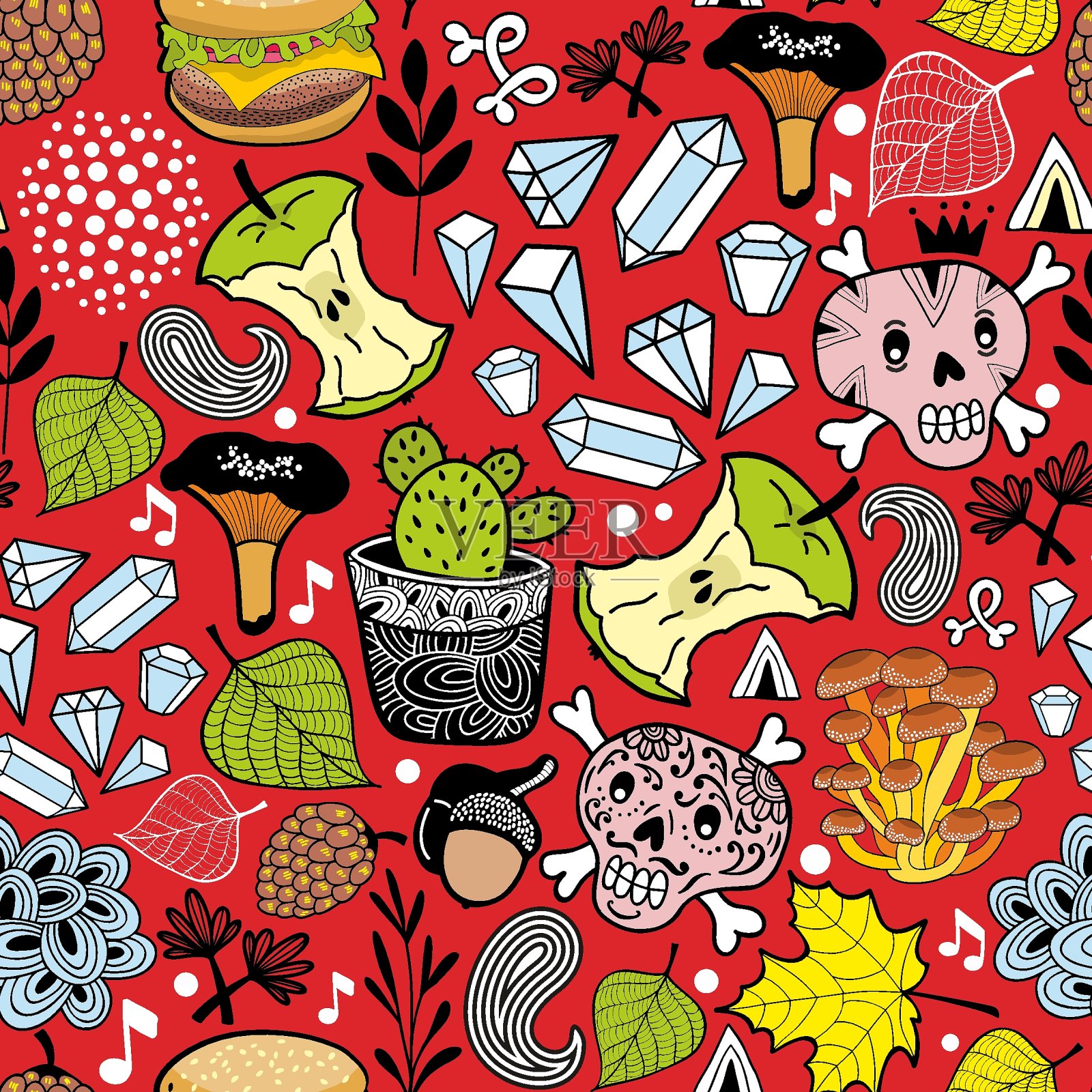 无缝图案与可爱的自然元素。插画图片素材