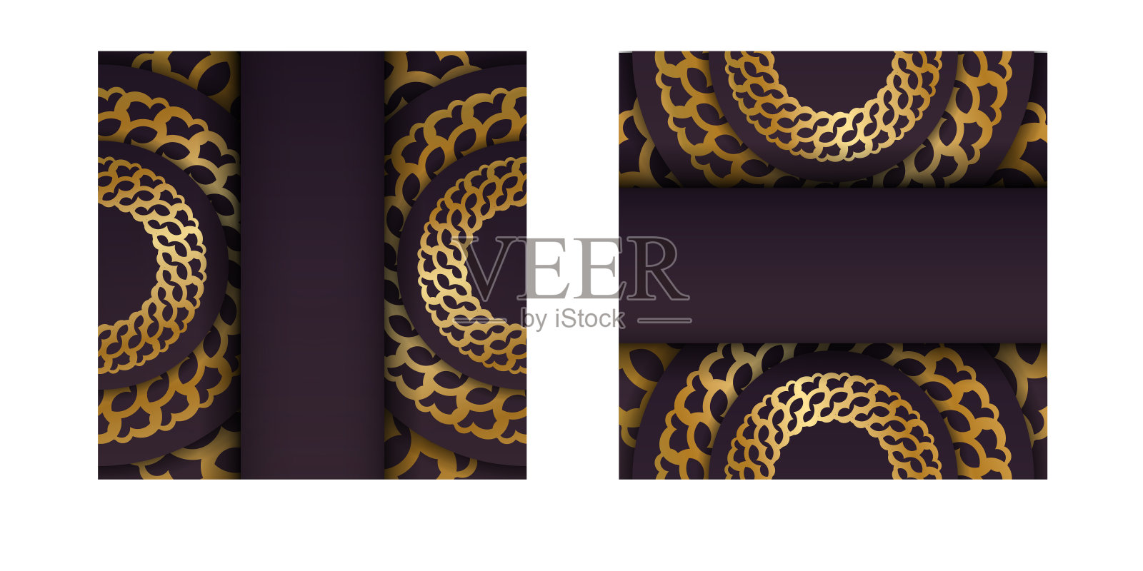 明信片为酒红色，印有印度金色图案。插画图片素材