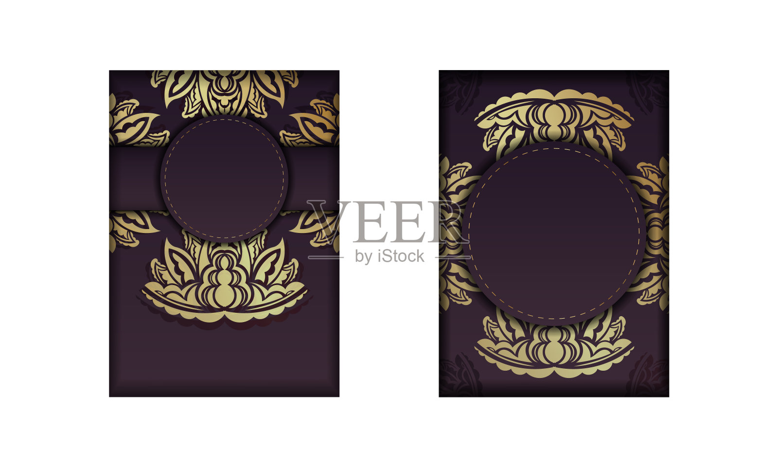 为印刷准备的带有金色装饰的曼荼罗的酒红色卡片。插画图片素材