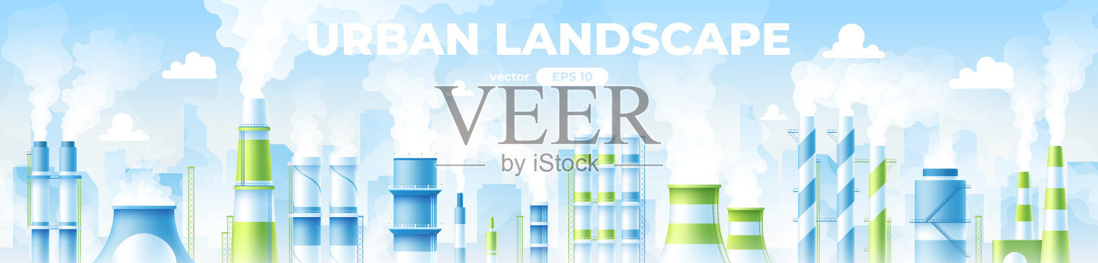 空气中弥漫着工业烟囱的烟雾。工厂。城市背景。简约现代的城市景观设计。工厂，空气污染，环境，蒸汽管道。平面风格矢量eps10插图。插画图片素材