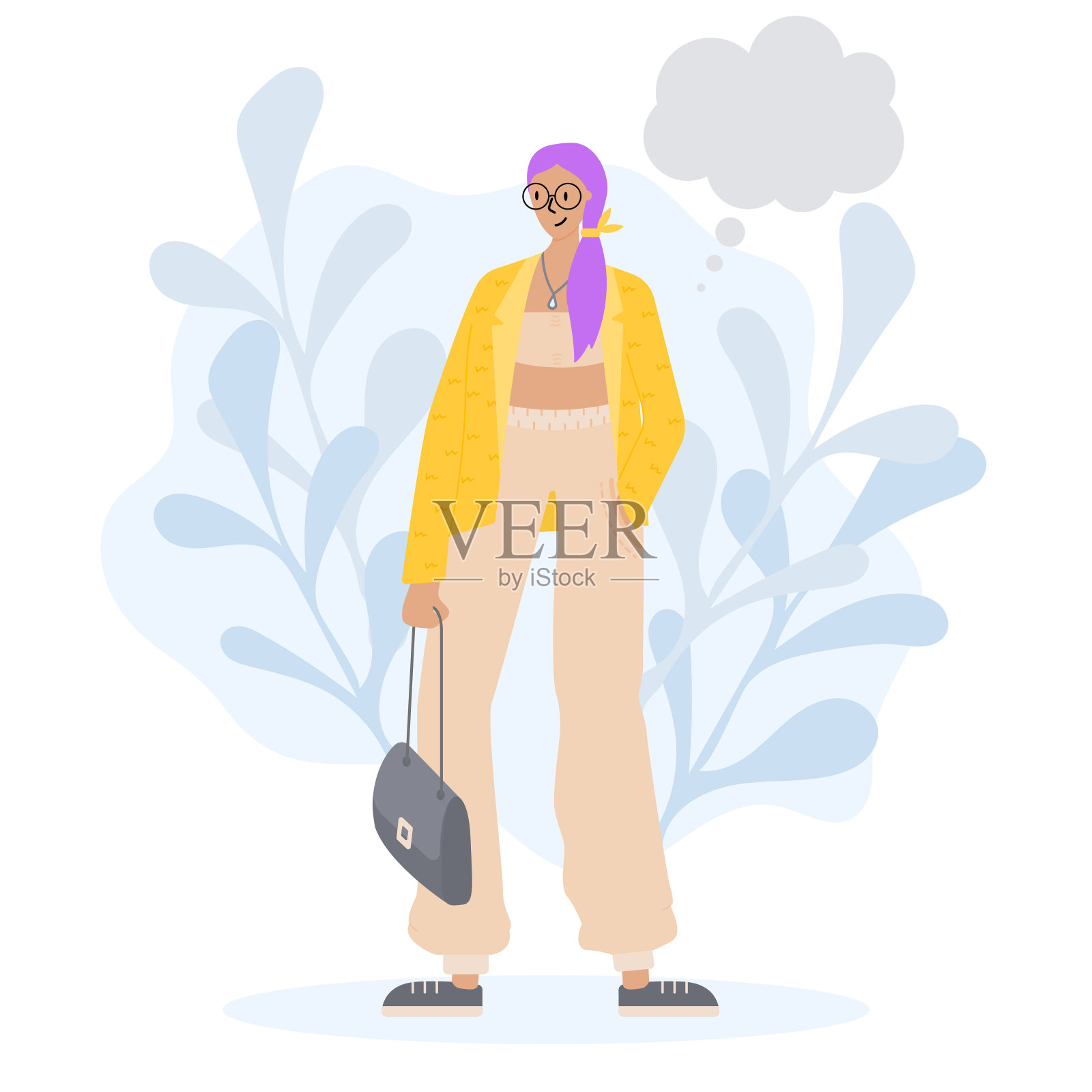 手里拿着手提包的女孩。矢量插图在一个平坦的风格。角色设计。插画图片素材