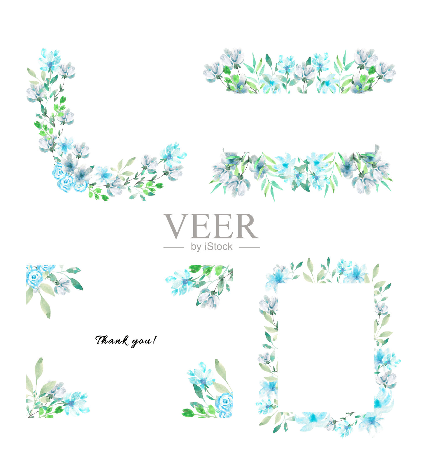 一套水彩花卉框架。一套蓝色花朵和绿色植物的模板。插画图片素材