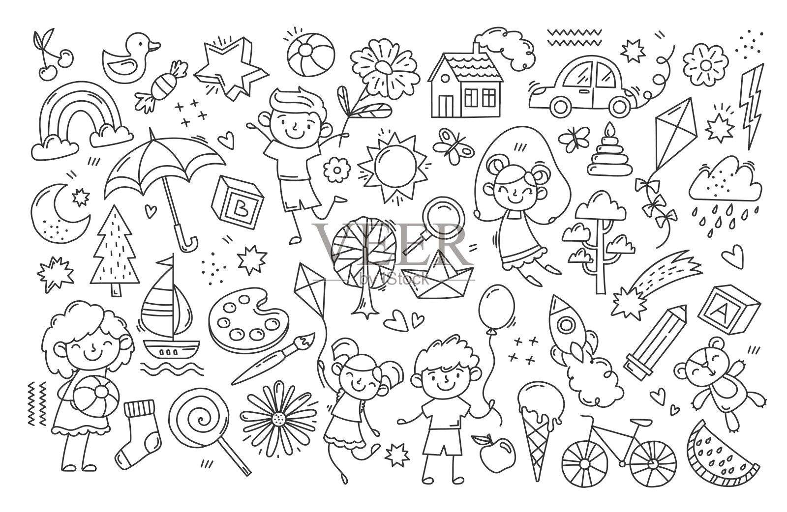 黑白小孩画画插画图片素材