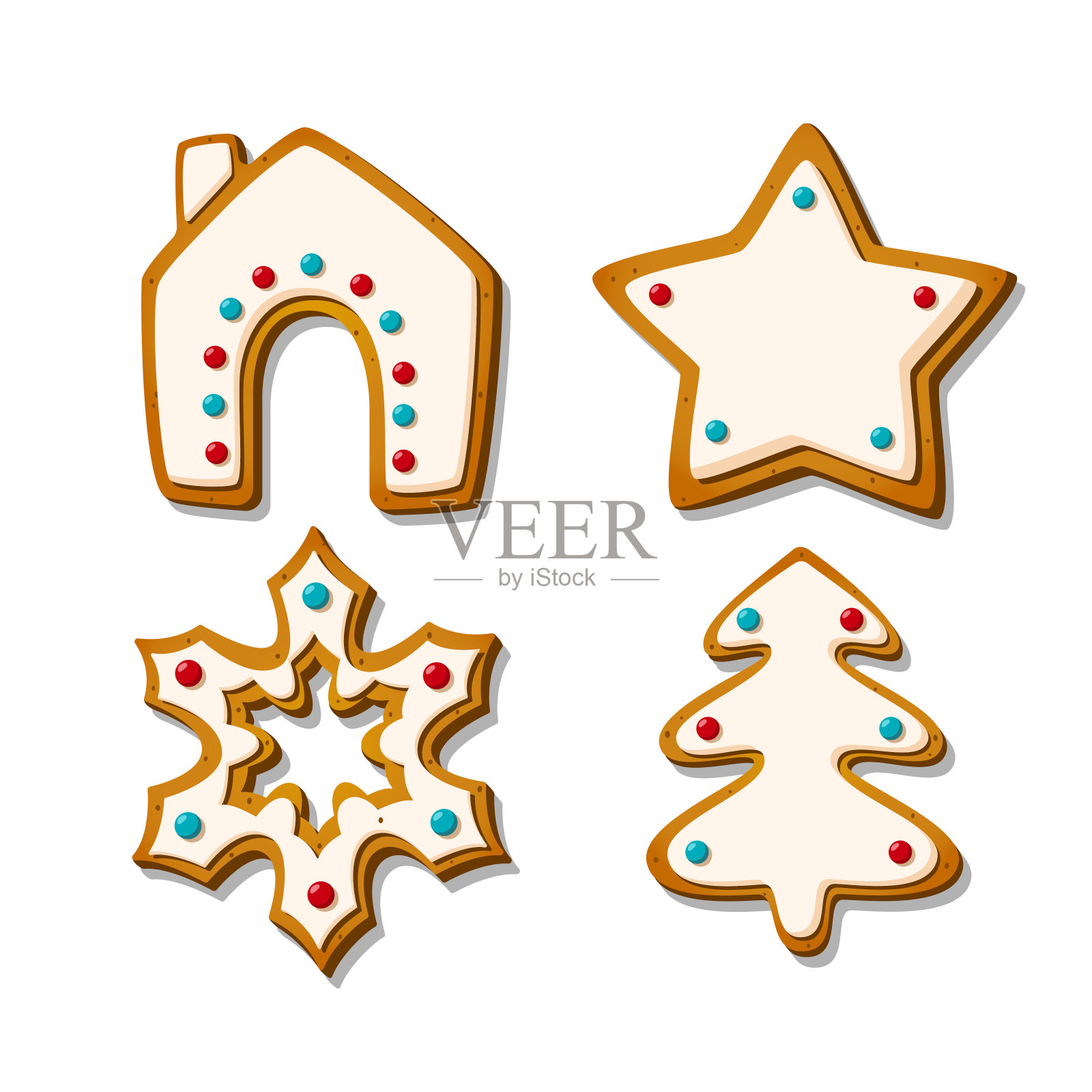 圣诞姜饼曲奇。有房子、树、星星和雪花形状的节日饼干。卡通矢量图插画图片素材