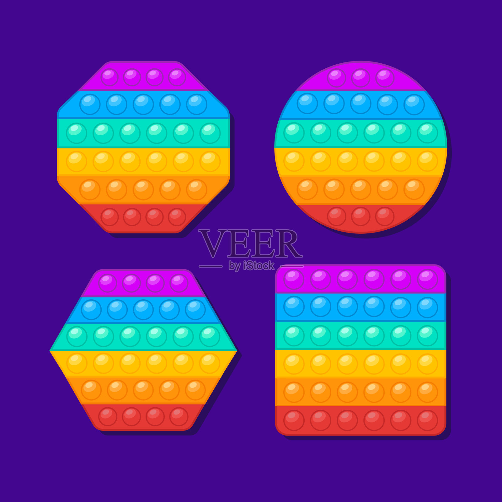 抗压力玩具流行它设置。矢量插图。一个不同形式的玩具，给孩子们用推泡泡。插画图片素材