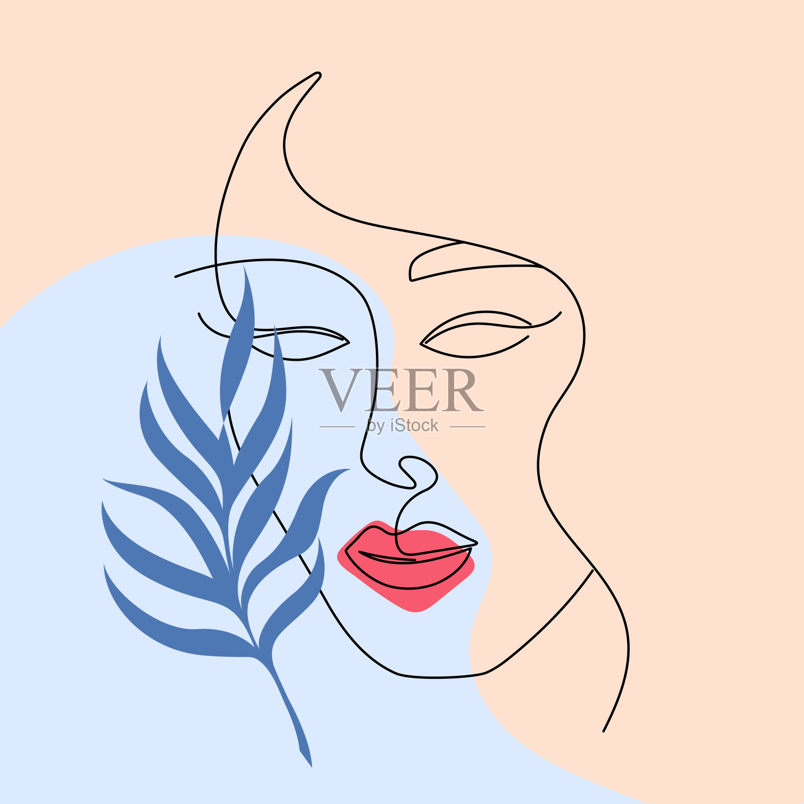 海报上画着女人脸上的叶子。一行画风格。向量插图设计衣服，卡片，记事本，海报。插画图片素材