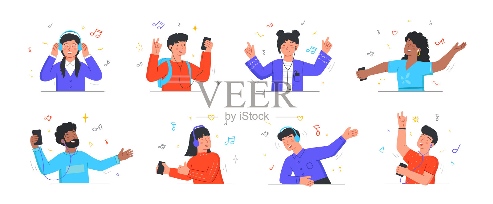 以男性和女性角色为背景，欣赏白色背景音乐插画图片素材