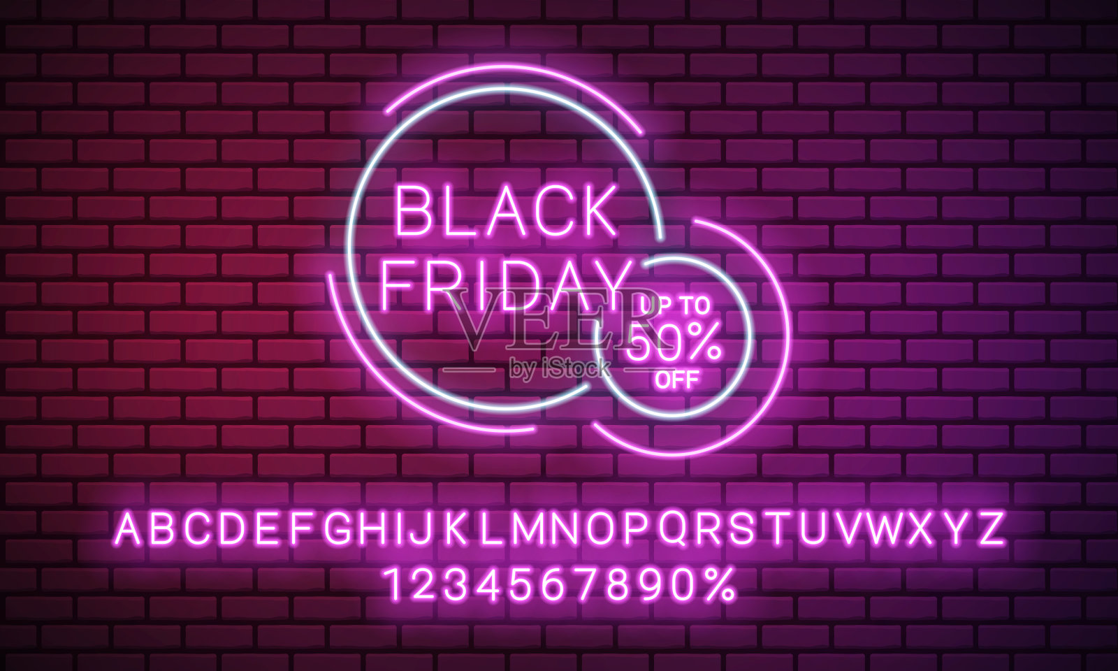 黑色星期五促销横幅。霓虹灯和砖墙上的字母。矢量插图。插画图片素材