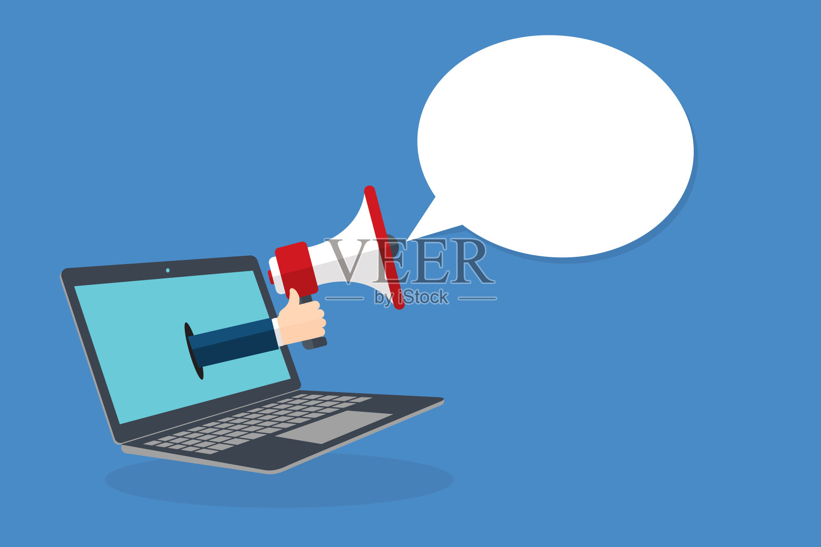 手拿着扩音器。笔记本电脑屏幕背景带有空洞的语音气泡。矢量图插画图片素材