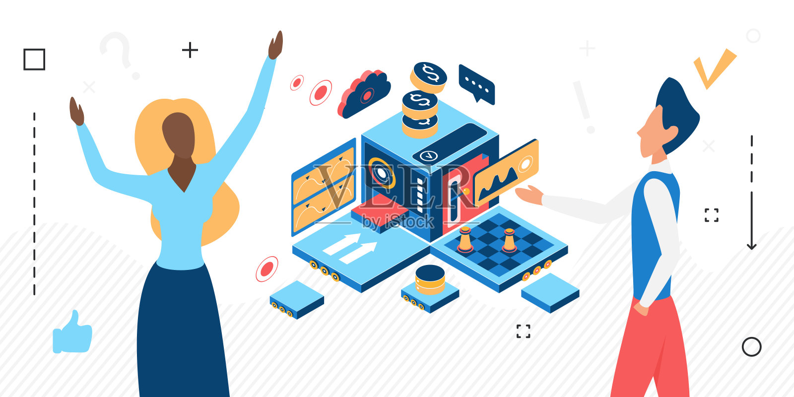 商业人士从事分析，等距三维数字金融分析研究设计模板素材