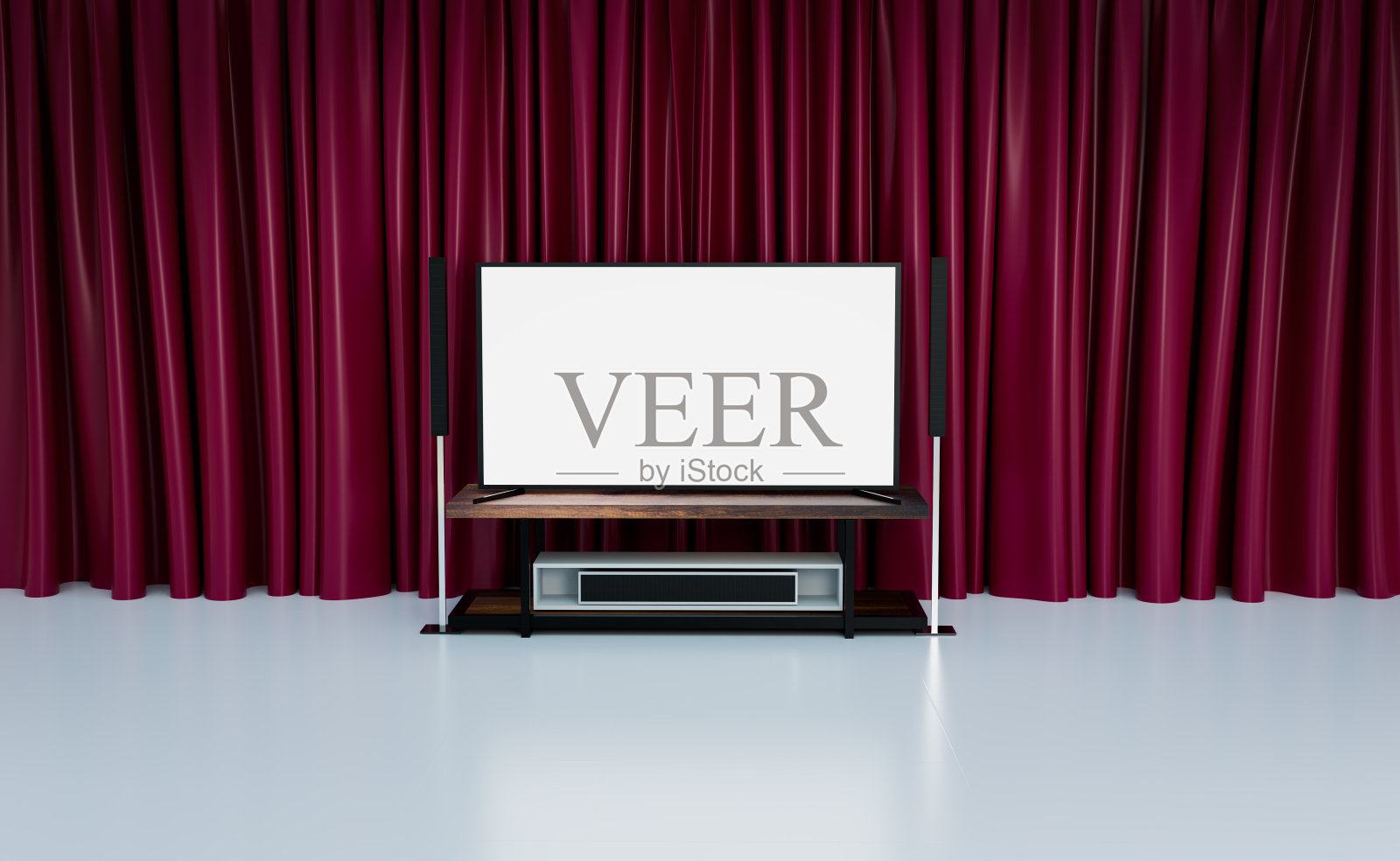 家庭影院房间，红色窗帘照片摄影图片