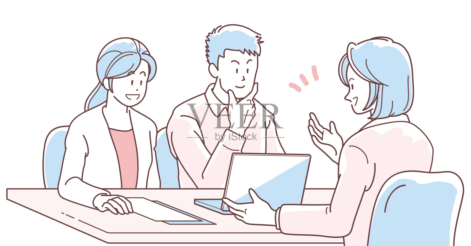 插图:一对年轻夫妇和一个女销售员正在谈生意插画图片素材