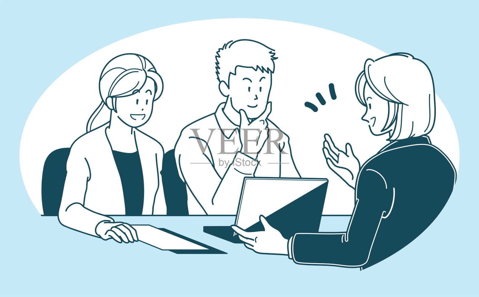 插图:一对年轻夫妇和一个女销售员正在谈生意插画图片素材