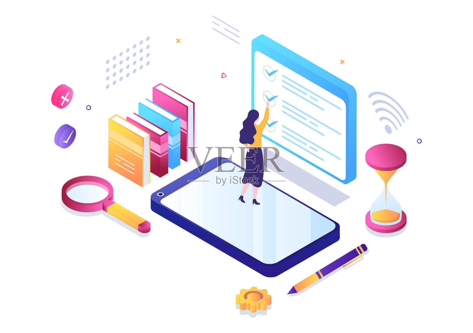 在线测试背景向量插图清单，参加考试，选择答案，形式，E-learning和教育概念插画图片素材