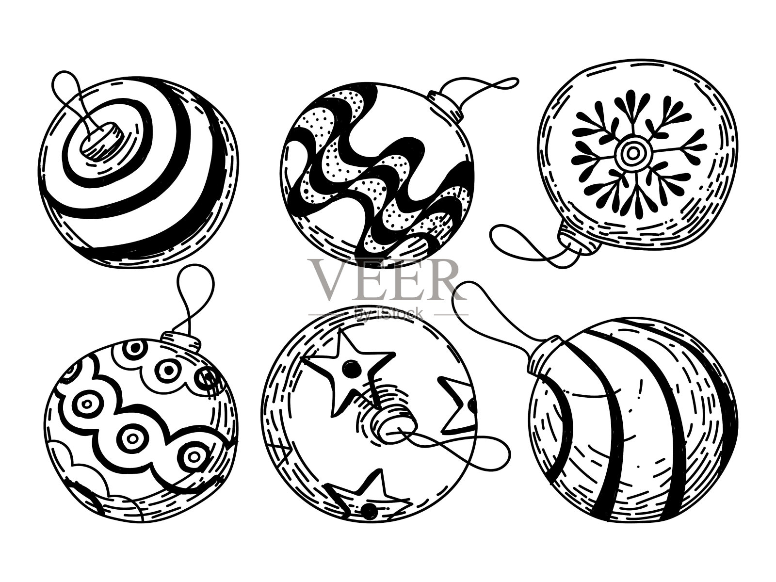 在白色背景上独立的涂鸦元素。圣诞球。各种图案的球为一棵节日的圣诞树。矢量插图。插画图片素材