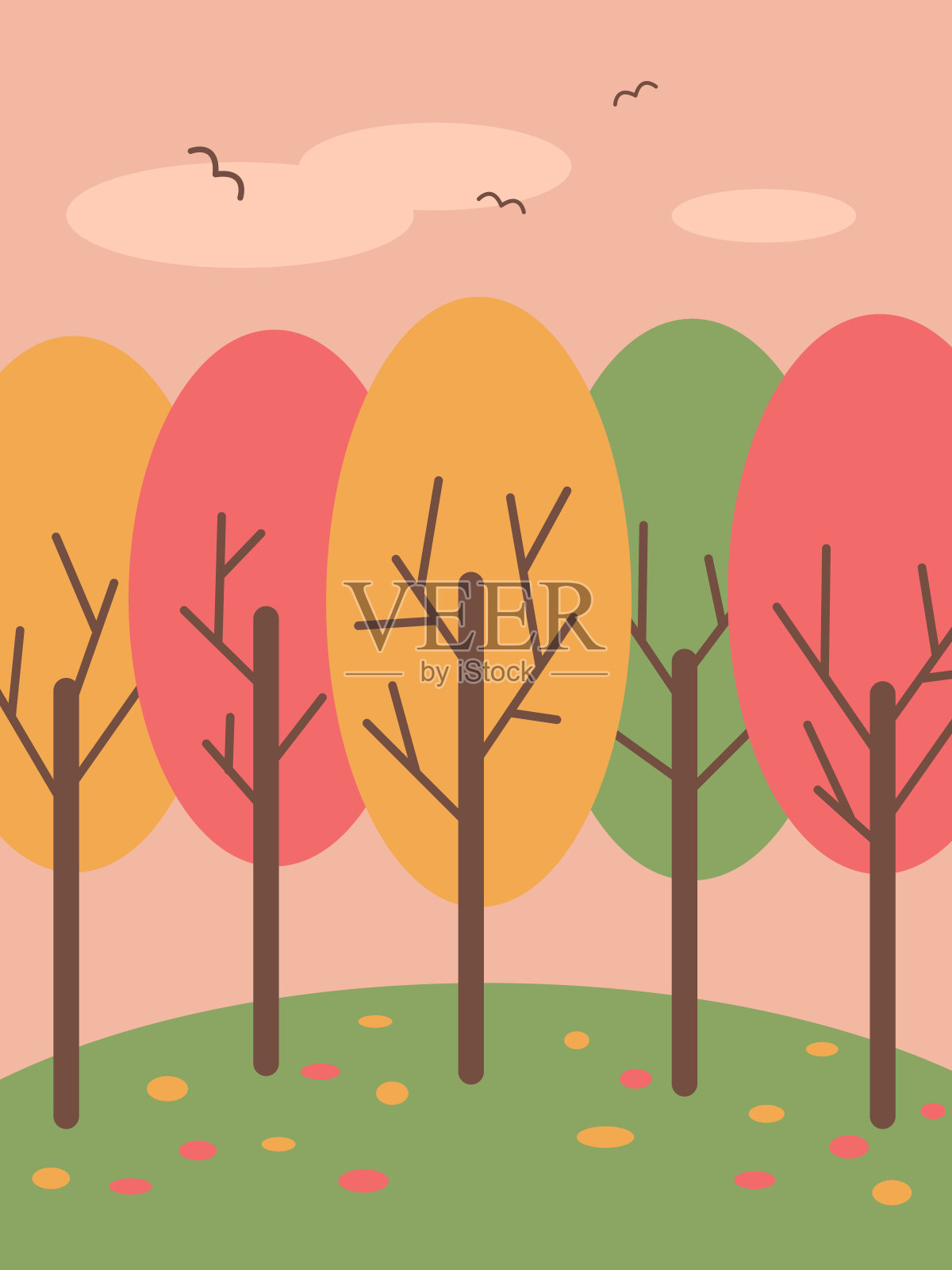 在粉红色的天空中点缀着色彩鲜艳的树木插画图片素材