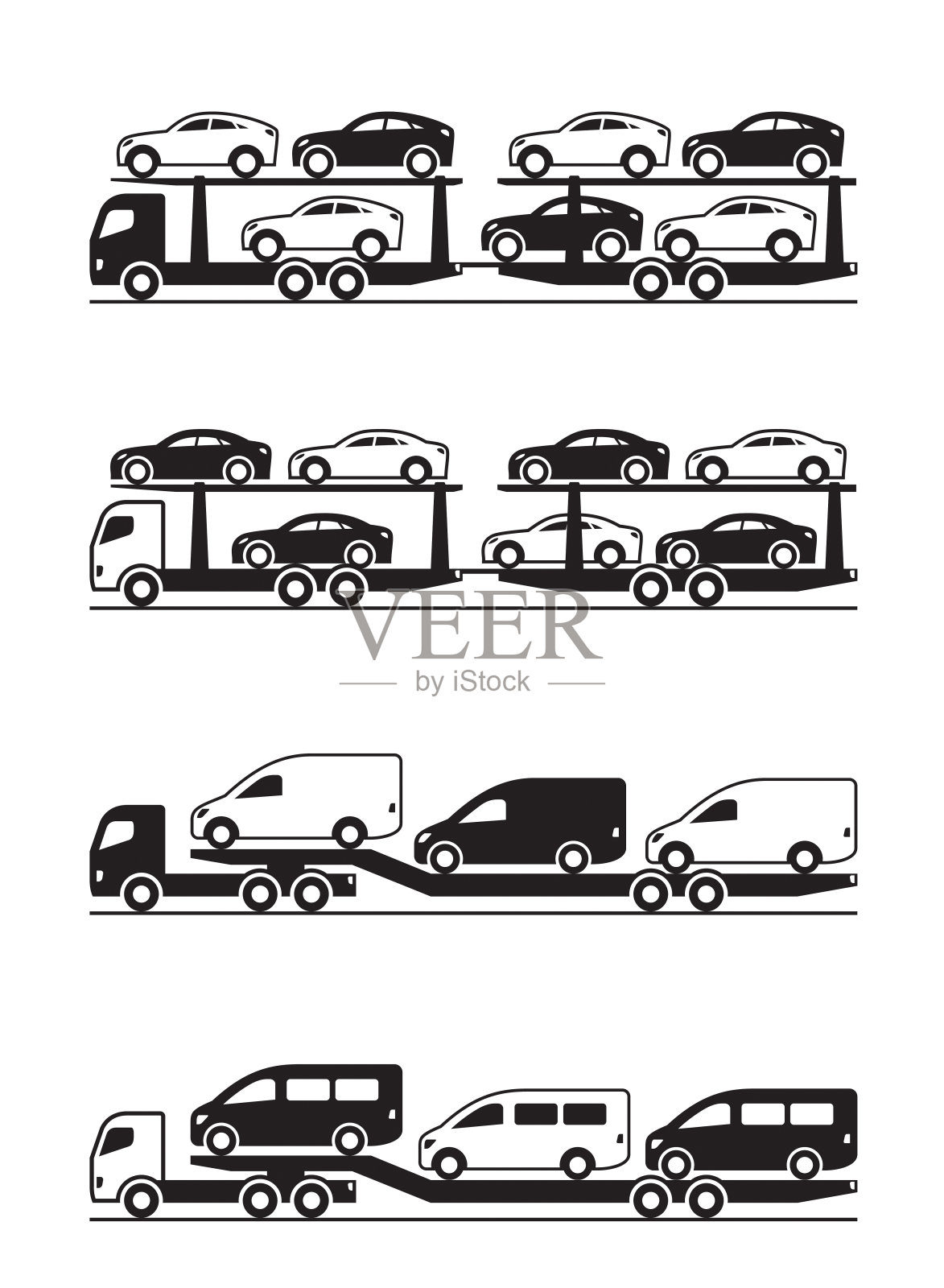 载运汽车、小货车、越野车和货车的卡车插画图片素材