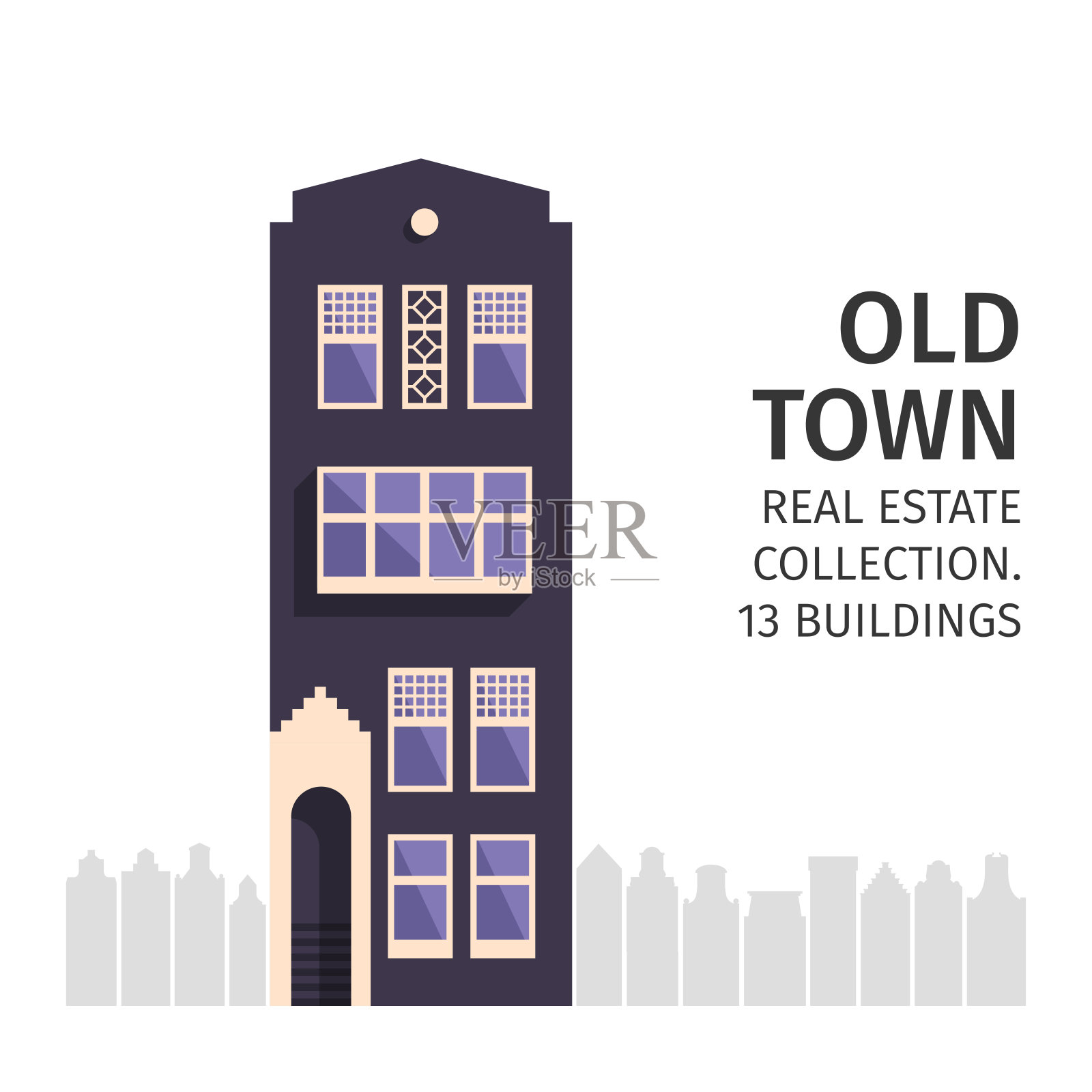 复古城市住宅的平面设计。旧城建筑收藏。色彩斑斓的粉彩色调别墅建筑，咖啡馆，酒店。矢量图插画图片素材