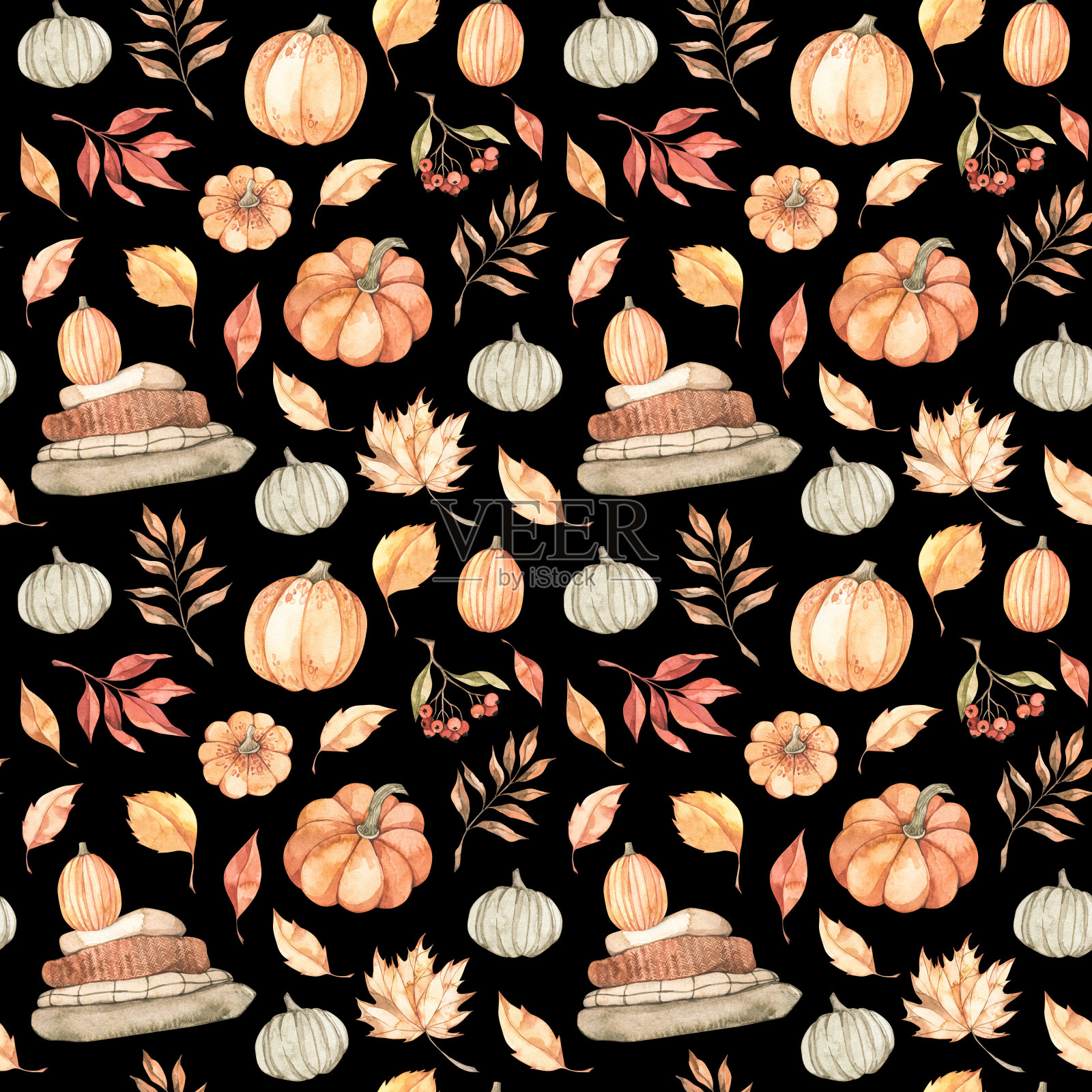 手绘水彩无缝模式的落叶和南瓜。森林的背景。你好,秋天收获!适合季节性广告，邀请，织物，包装纸，纺织品插画图片素材