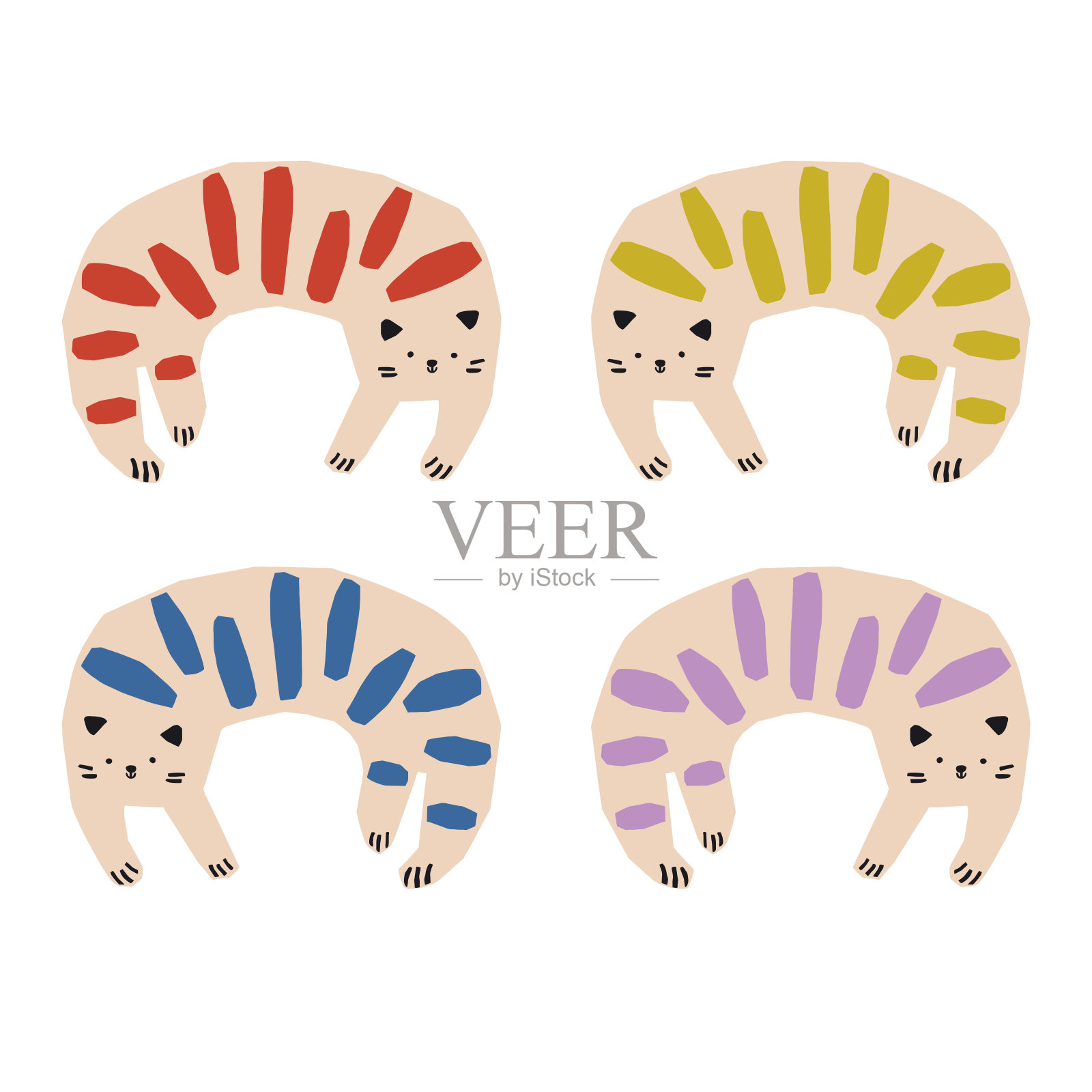 矢量简单和可爱的手绘彩色条纹猫动物插图图形资源插画图片素材