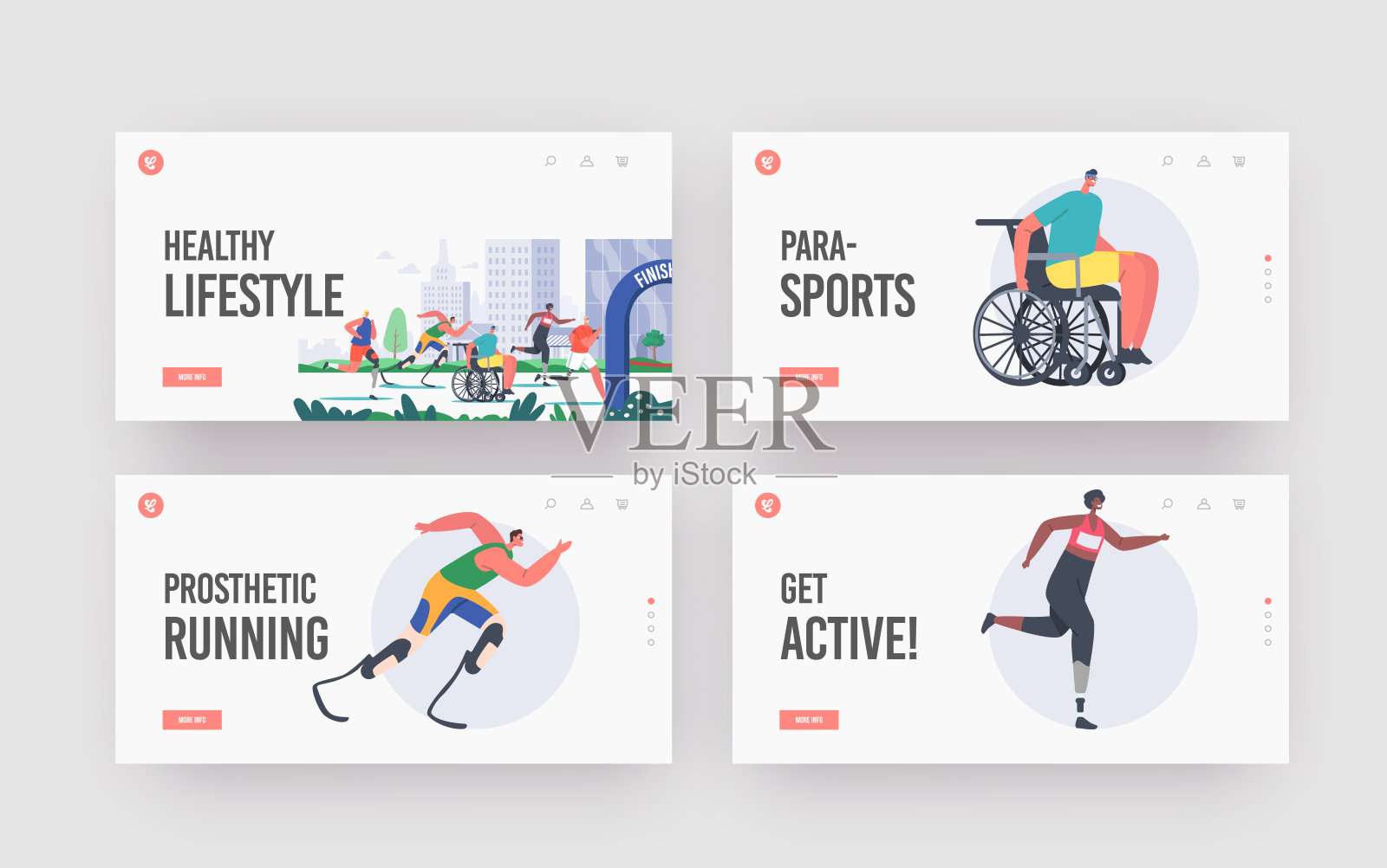 残疾人健康生活方式登陆页面模板集。运动员跑马拉松，运动员在轮椅或假肢插画图片素材