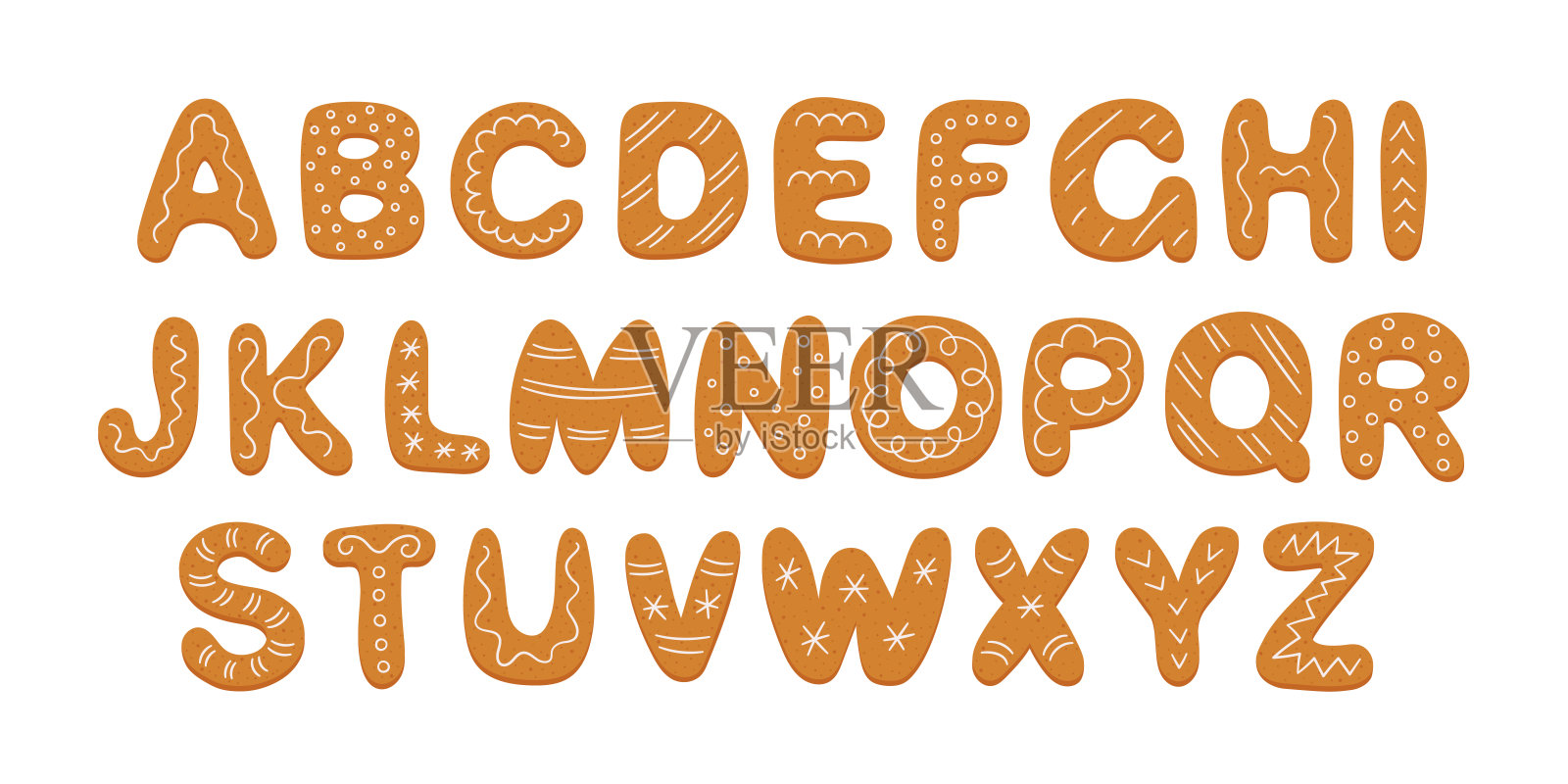 字母姜饼饼干与糖釉。圣诞或新年的卡通字母。姜饼假日饼干。糕点字体。手绘矢量插图孤立在白色背景设计元素图片
