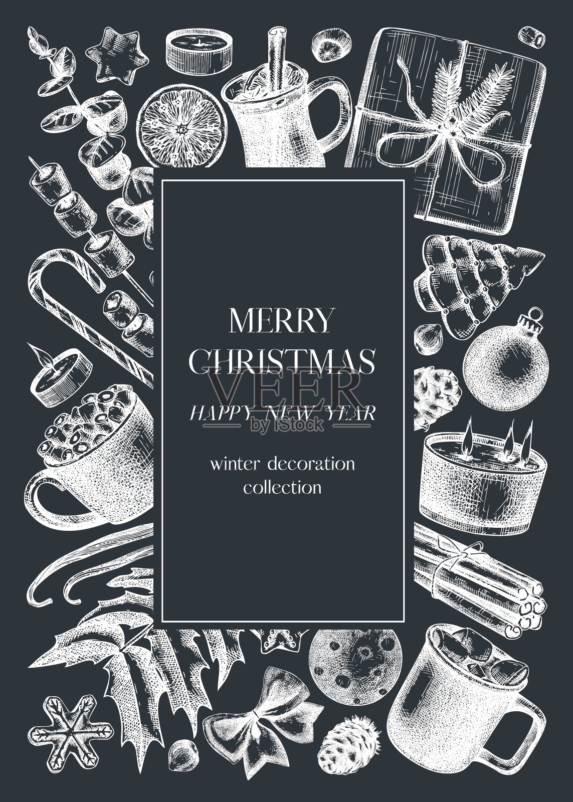 黑板上的圣诞花环插画图片素材