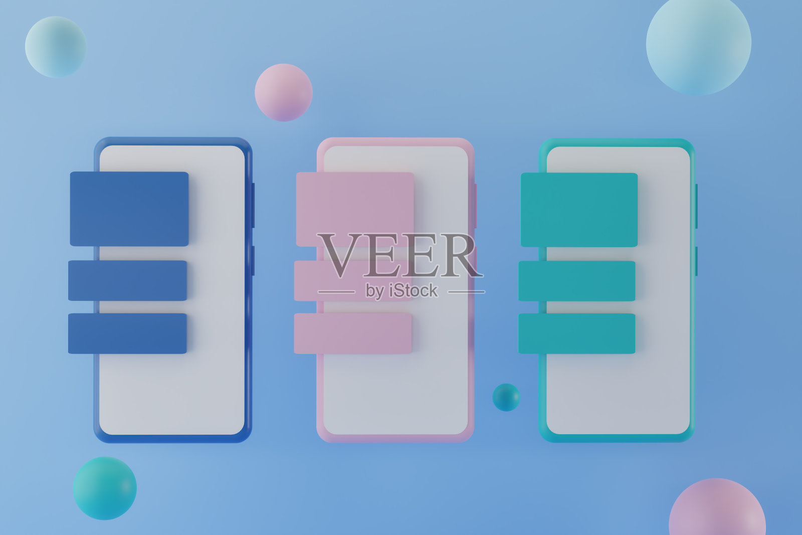 现代智能手机与应用程序信息在蓝色背景，3d渲染照片摄影图片