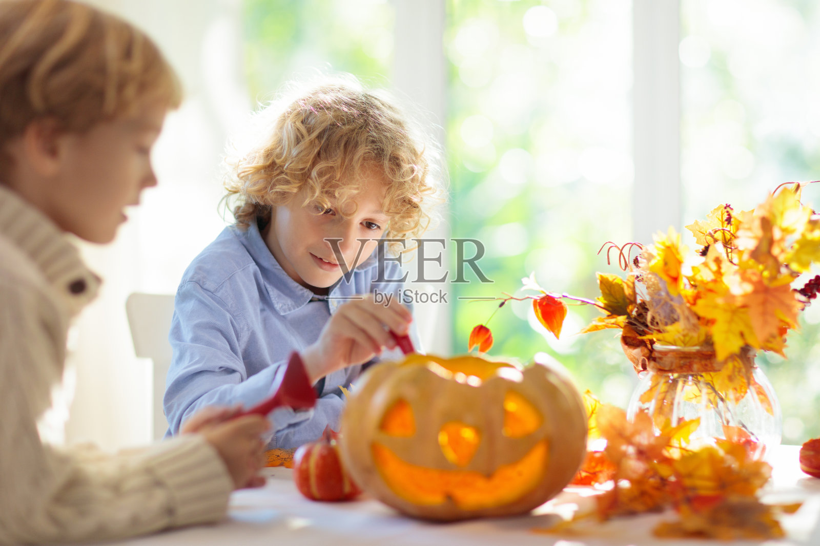 家庭为万圣节雕刻南瓜照片摄影图片