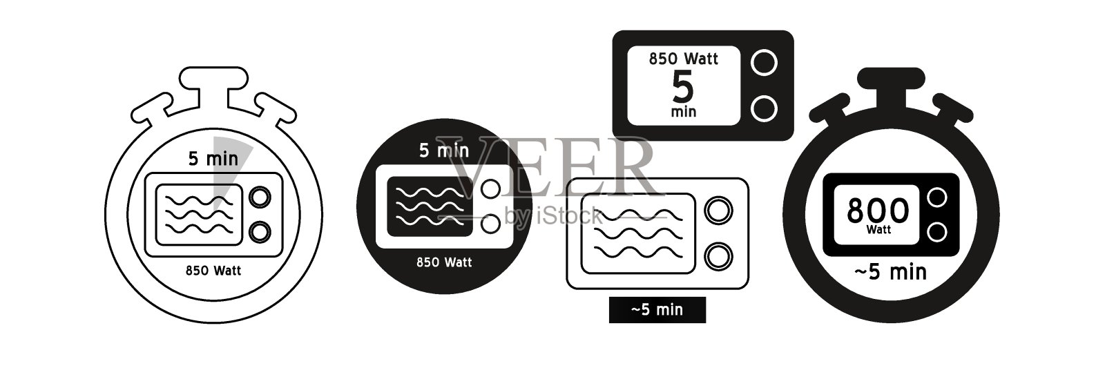 餐计时器符号设计。用平底锅，煎锅，微波炉和烤箱煮5分钟。插画图片素材