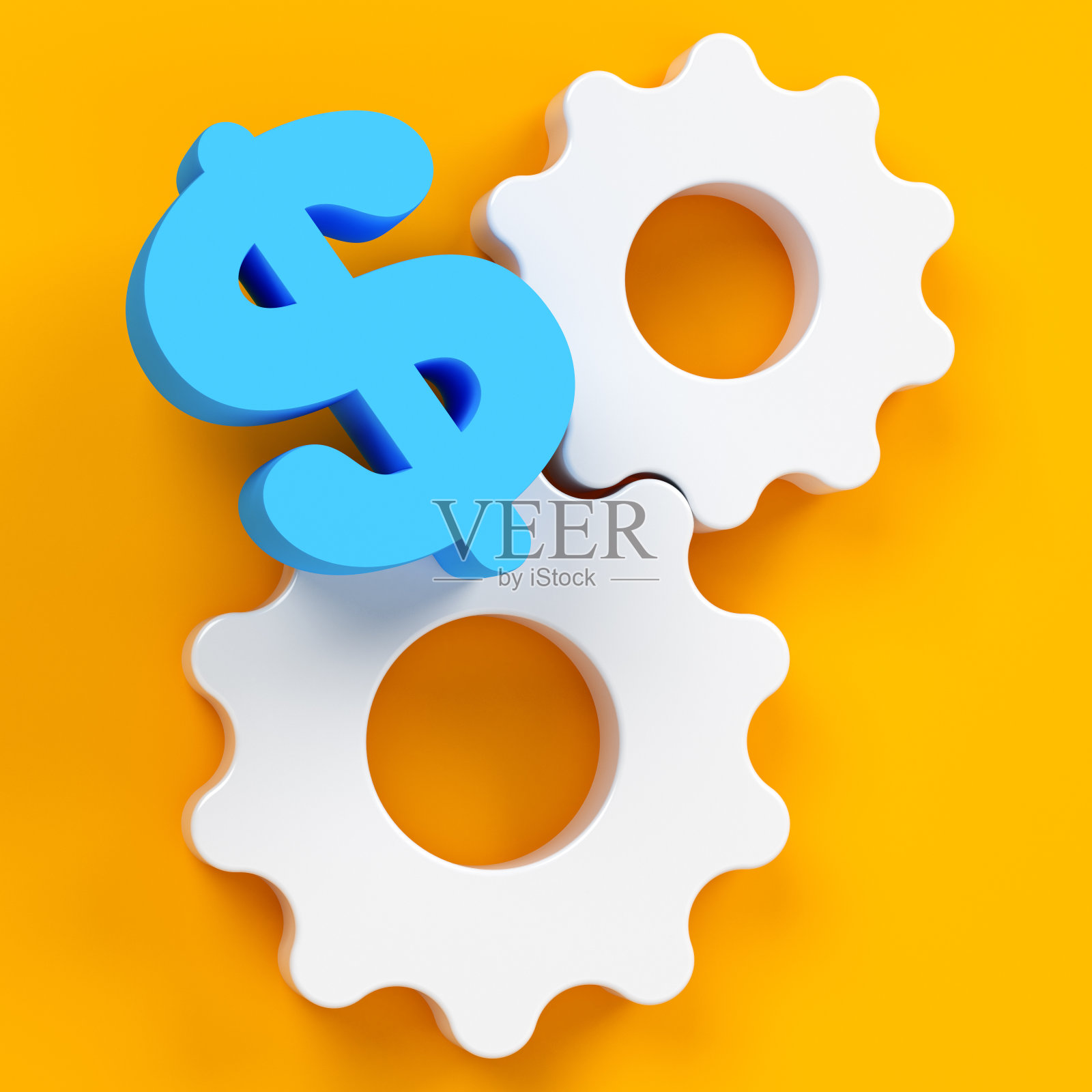 浅蓝色的美元符号和白色的发动机齿轮符号。照片摄影图片