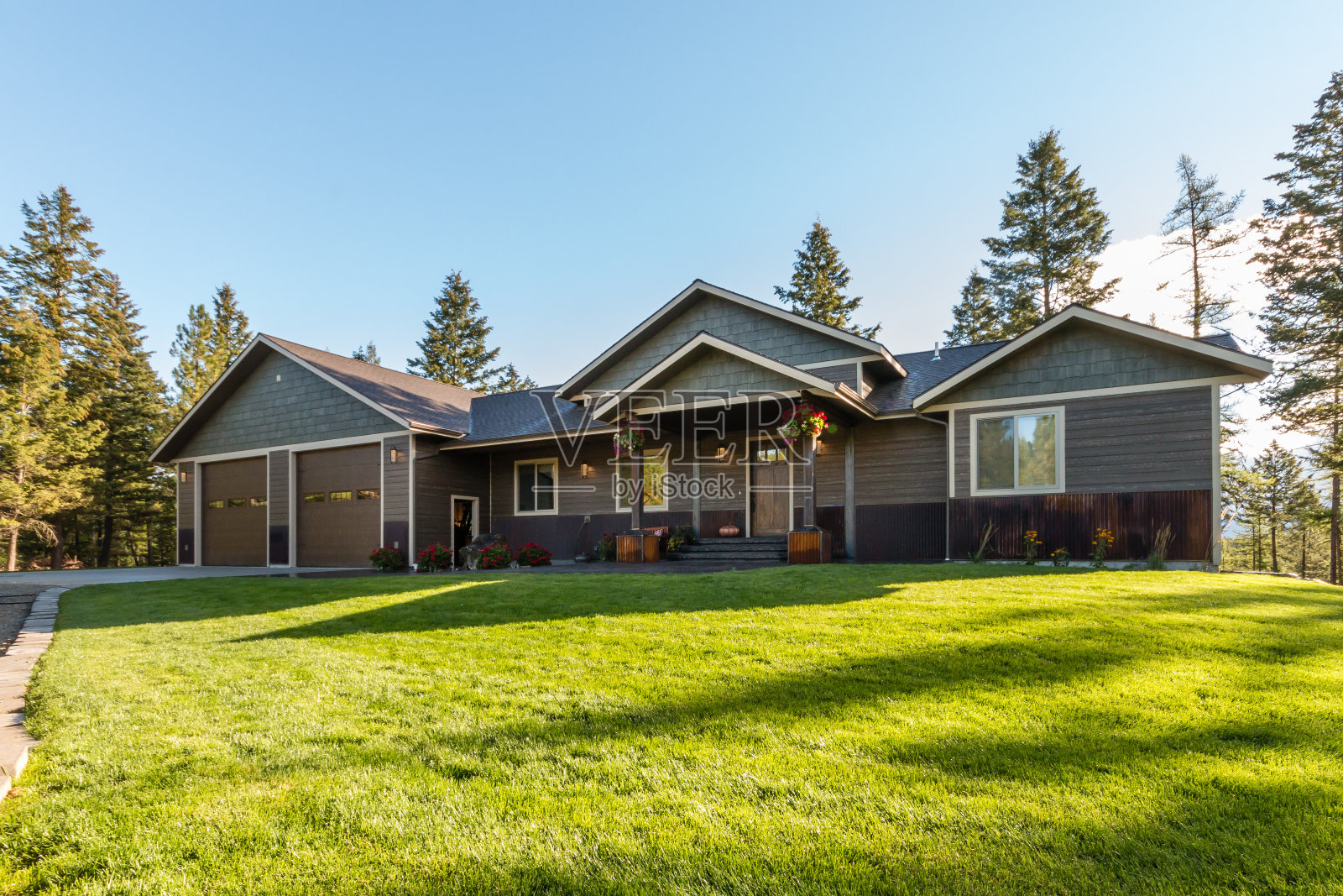 阳光明媚的日子和一层楼的家照片摄影图片