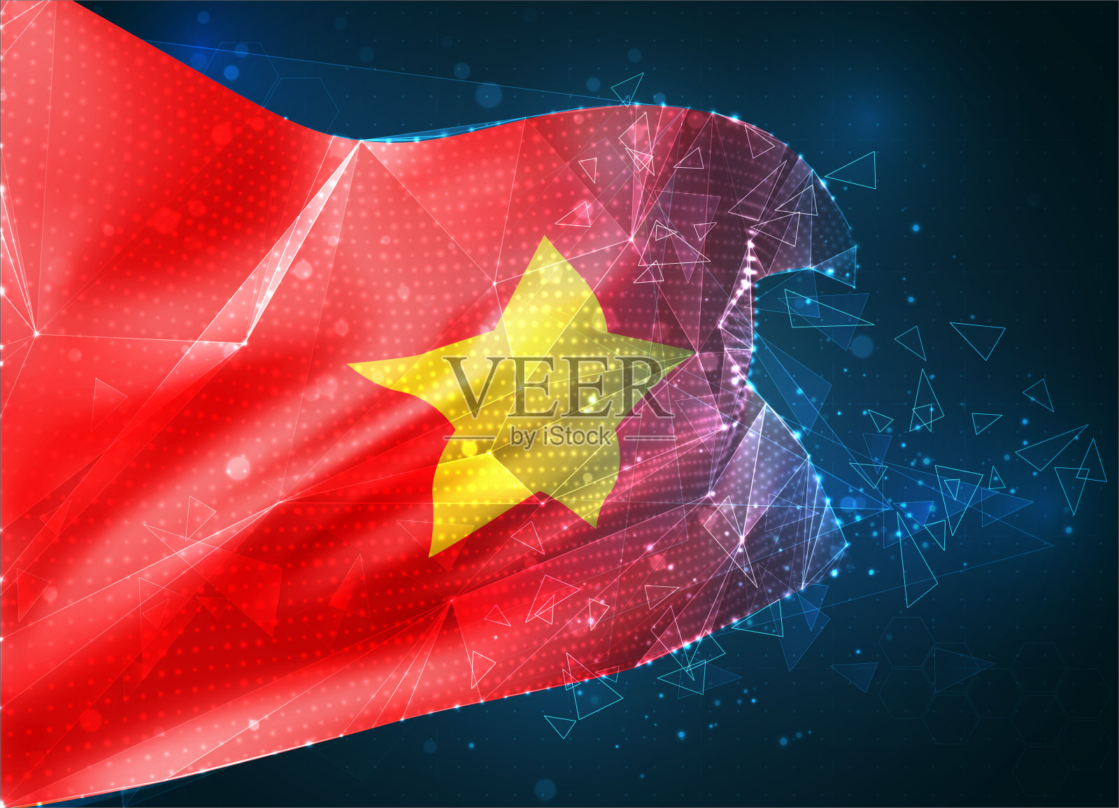 矢量标志，蓝色背景上的三角形多边形的虚拟抽象三维物体插画图片素材