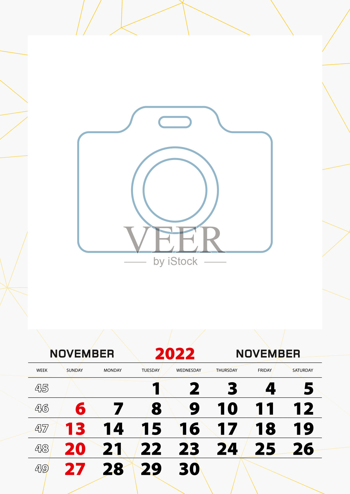 2022年11月的日历模板，从周日开始。设计模板素材