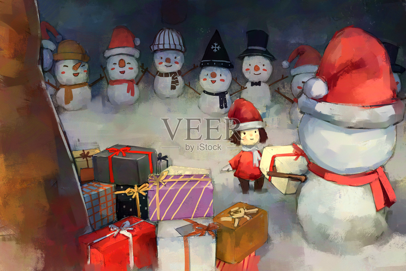 数字艺术绘画套雪人在冬季圣诞节给小女孩的圣诞礼物。设计模板素材