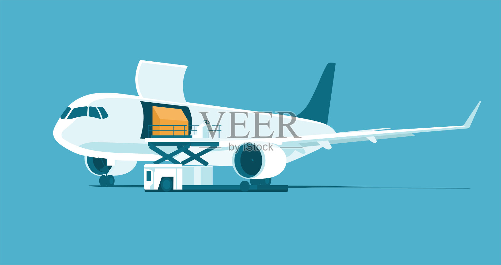 货机打开货舱舱口，集装箱装舱隔离。矢量插图。插画图片素材