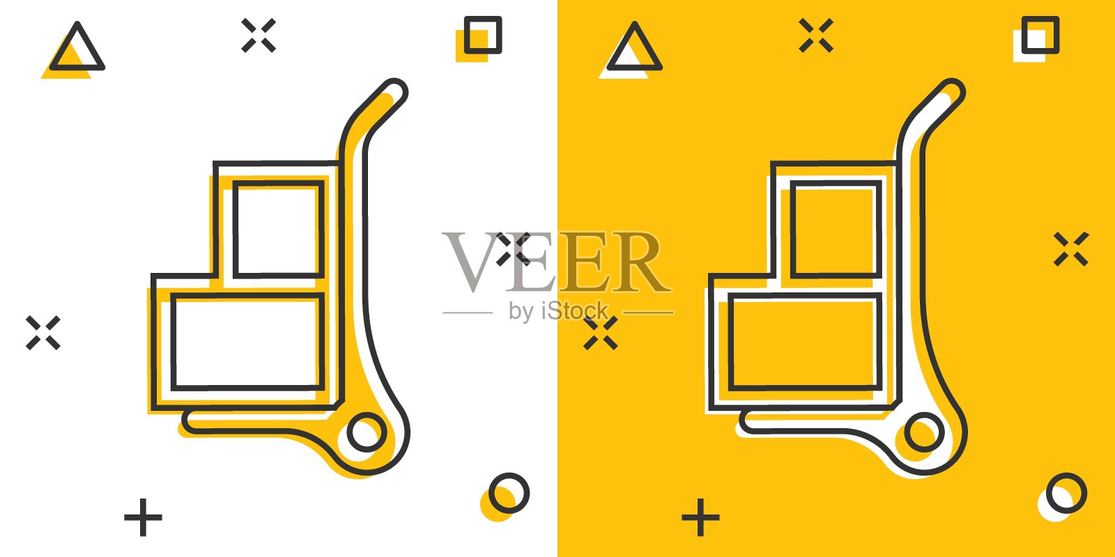 漫画风格的货物手推车图标。投递箱卡通矢量插图的白色孤立的背景。箱运飞溅效应的经营理念。图标素材