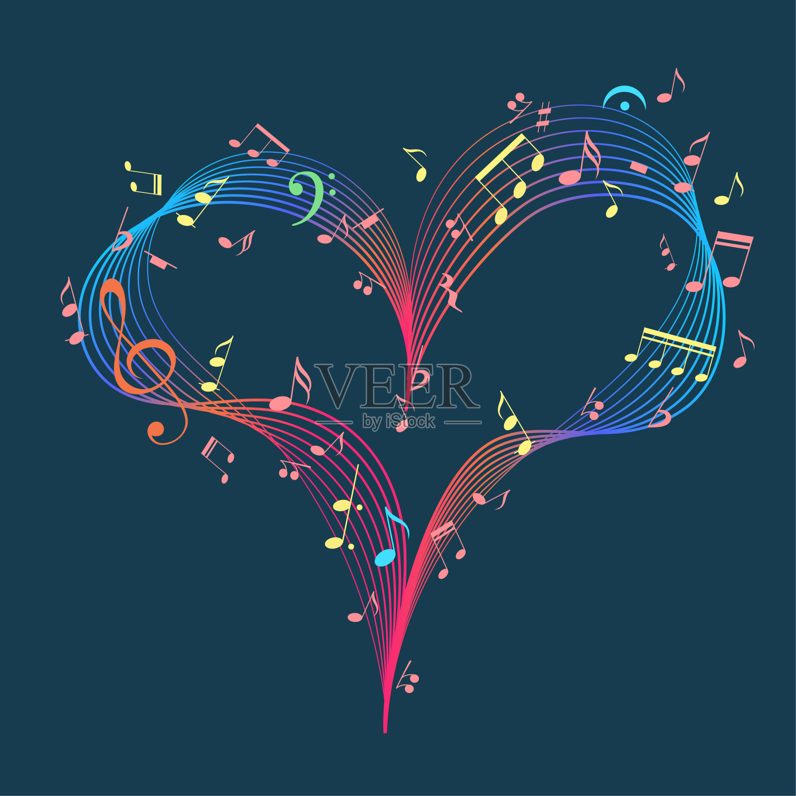 带钥匙和音符的音乐心形，浪漫音乐设计元素，情人节卡片，矢量素材插画图片素材