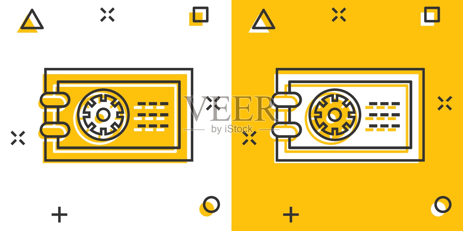 漫画风格的安全货币图标。在白色孤立的背景上的保险箱卡通矢量插图。金融安全效应的经营理念。插画图片素材