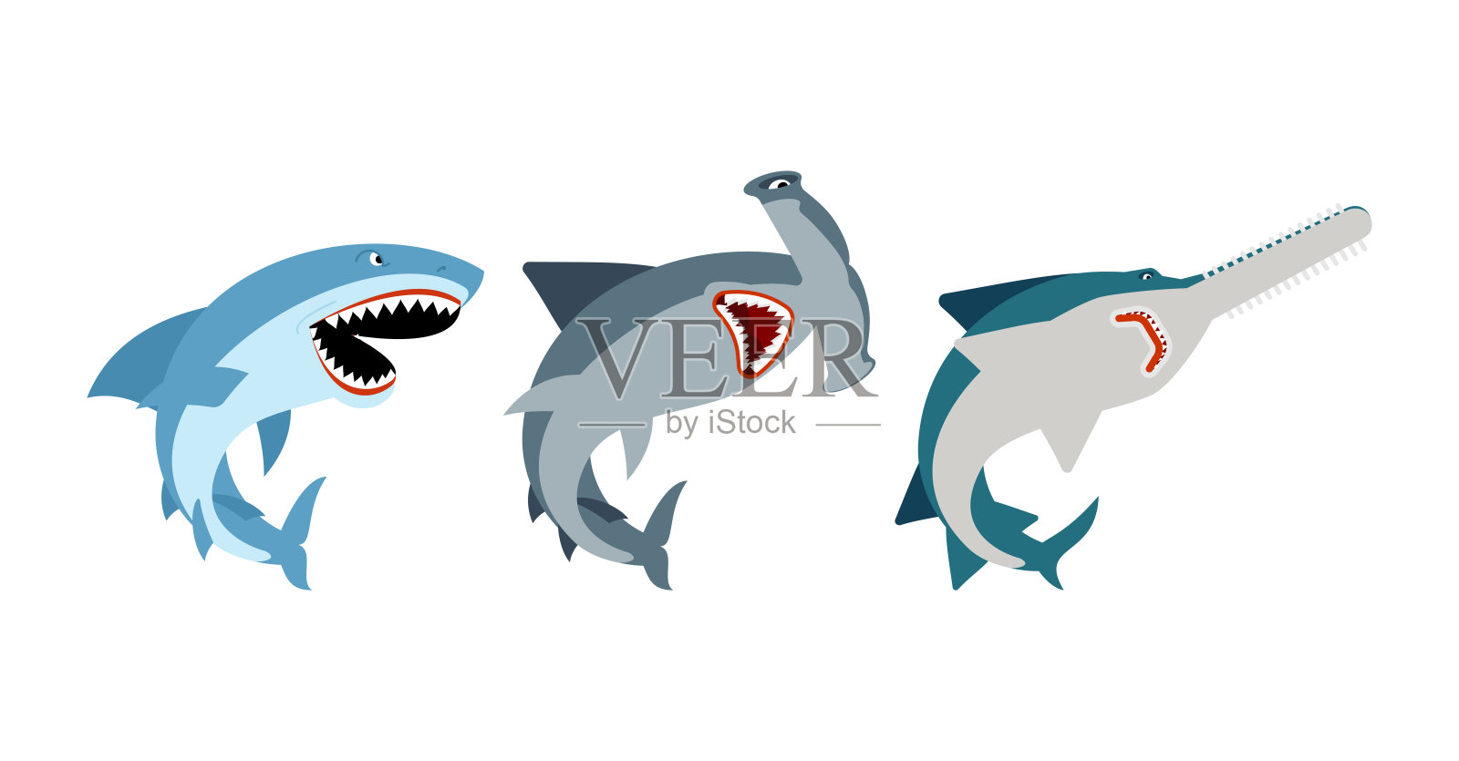 鲨鱼。海洋食肉动物集合。双髻鲨和看见鱼插画图片素材
