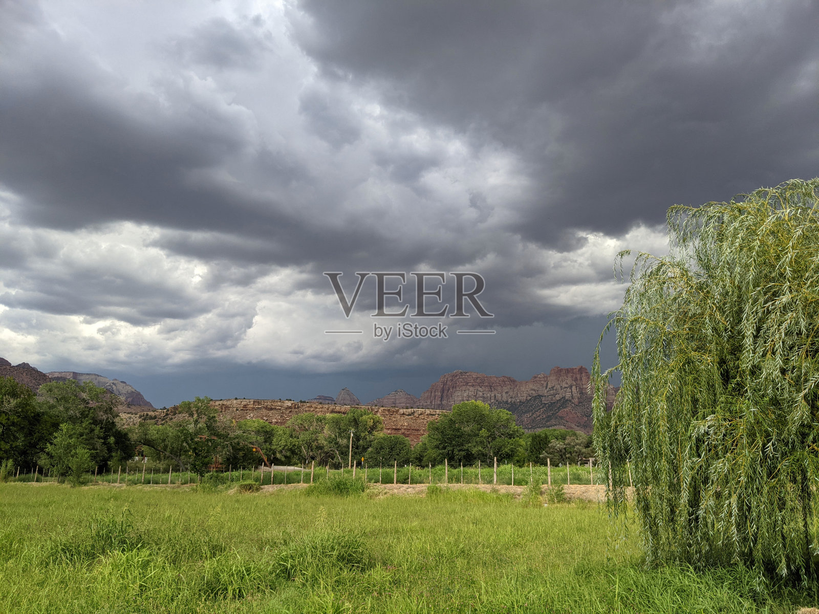 夏季的风暴云笼罩着锡安国家公园，以及沿着维珍河的犹他州洛克维尔的田野和牧场照片摄影图片
