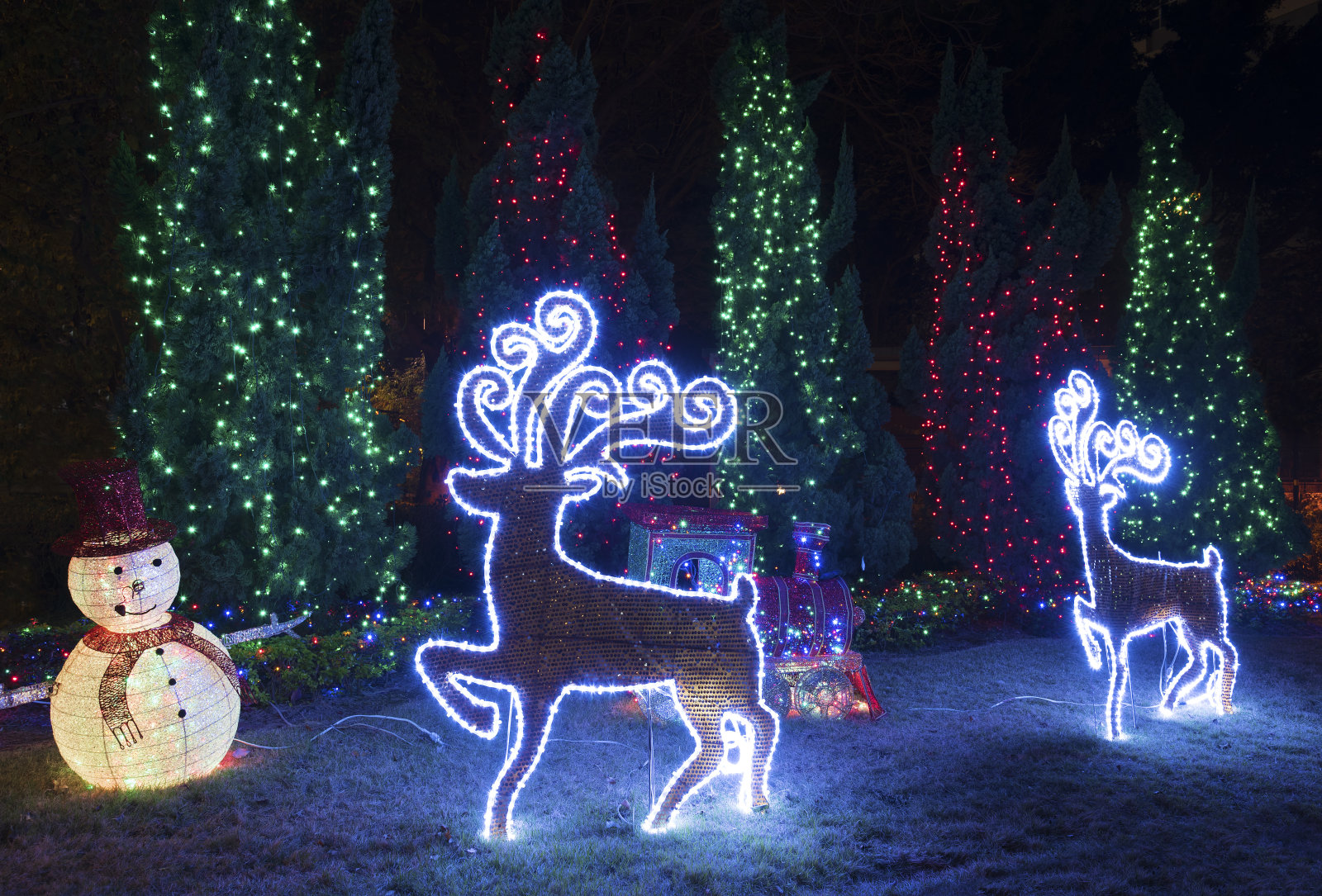 LED灯照亮了后院花园的圣诞装饰和圣诞树照片摄影图片