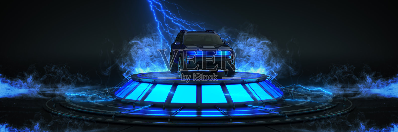 未来科幻现代空大厅黑暗，外星车库科幻。跑车工作室设置。三维渲染照片摄影图片