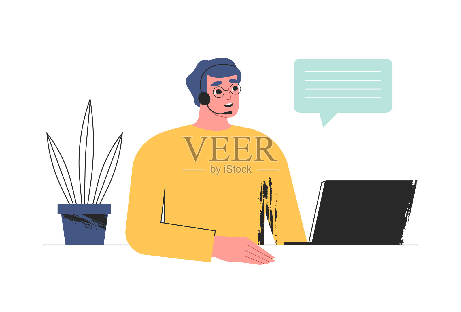 客户服务，呼叫中心，电话营销。快乐微笑的帮助台操作员，技术支持代理头戴麦克风和笔记本电脑。与我们联系的概念。插画图片素材