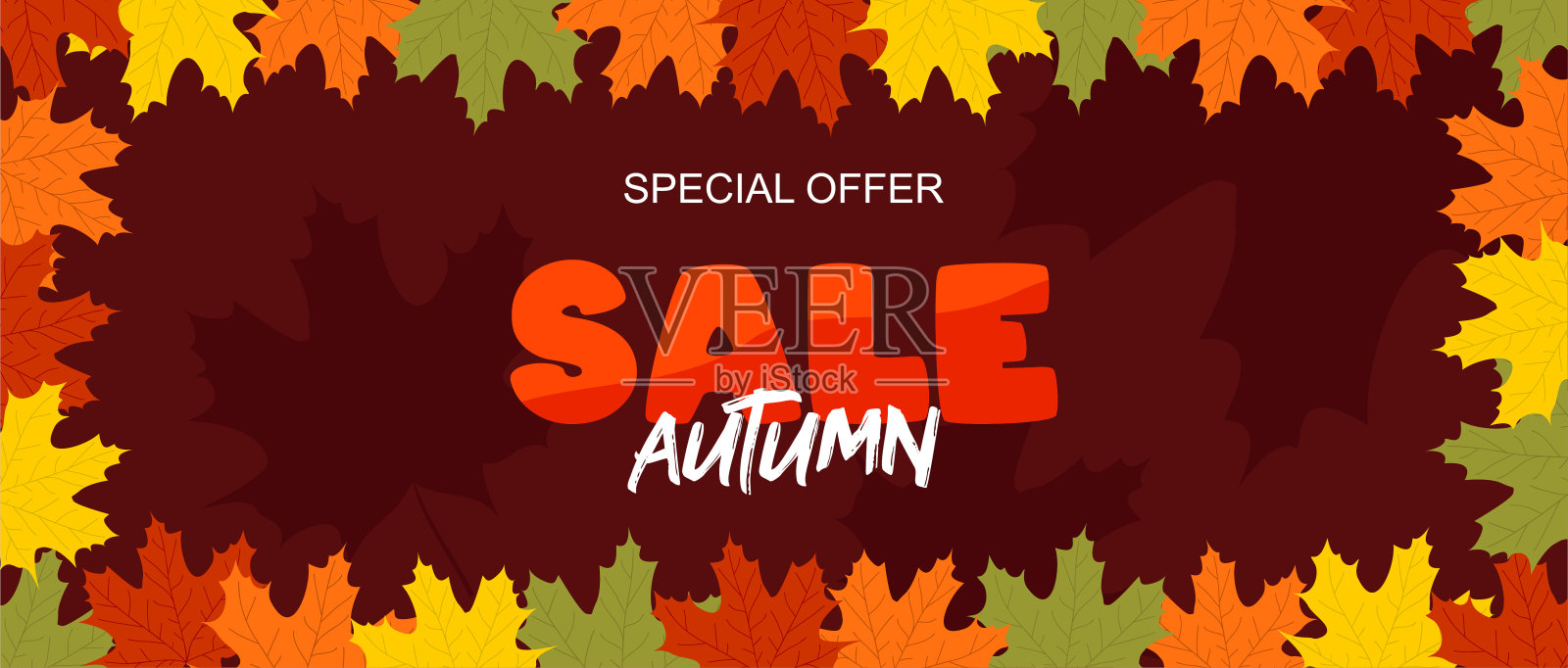 秋天出售旗帜与框架的五彩枫叶在一个红色的勃艮第背景。平面向量插图设计元素图片