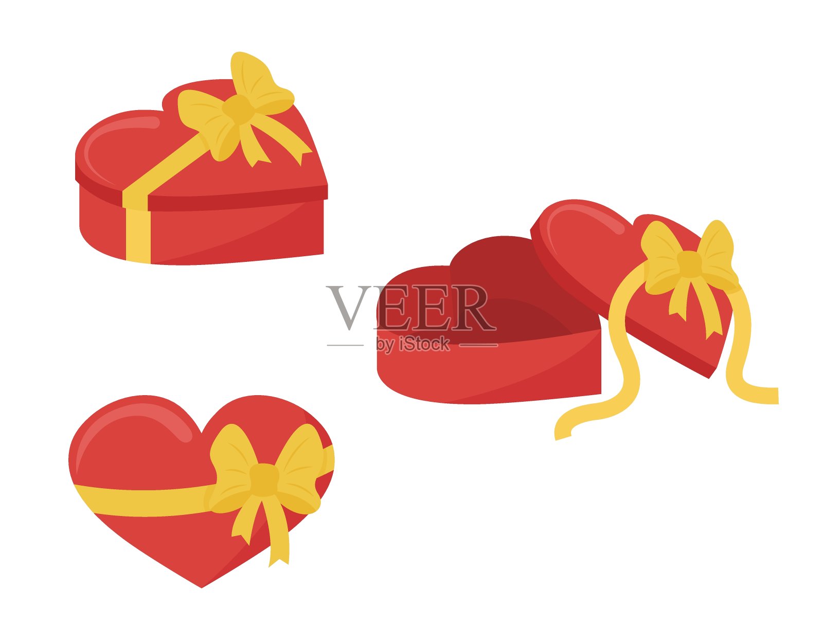 心的礼物盒子。情人节、生日的浪漫礼物。礼品盒打开和关闭隔离。侧视图和俯视图。矢量图插画图片素材